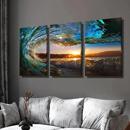 3pcs Huge Wave Tides And Sunset Landscape Wall Art Set Canvas Unframed - High Quality Print 100% Australian Made Wall Canvas