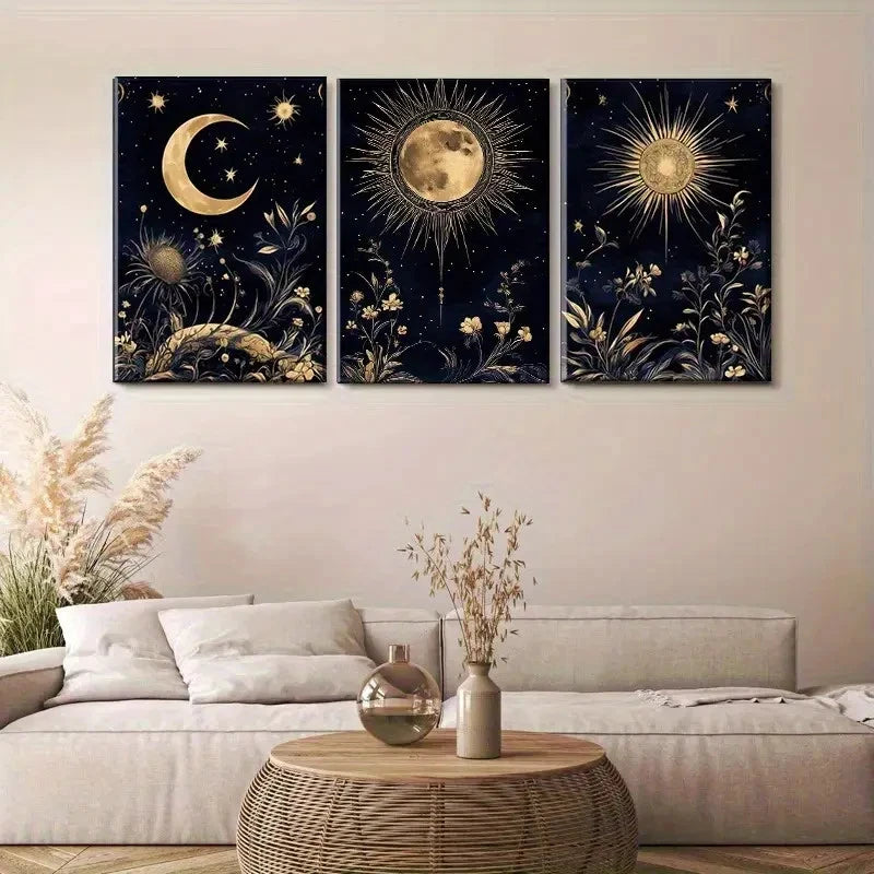 3pcs Golden and Navy Blue Celestial and Floral Metal Print Ready to Hang Art - Bella Home Decor
