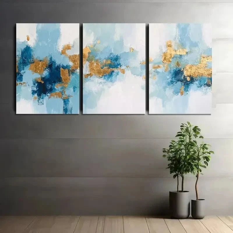 3pcs Abstract Art Blue And Golden Painting Metal Print Ready to Hang Art - Bella Home Decor