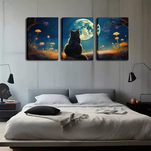 3pcs Lucky Cat Gazing at the Moon, Wall Art Canvas Unframed - High Quality Print 100% Australian Made Wall Canvas