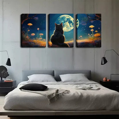 3pcs Lucky Cat Gazing at the Moon, Wall Art Canvas Unframed - High Quality Print 100% Australian Made Wall Canvas