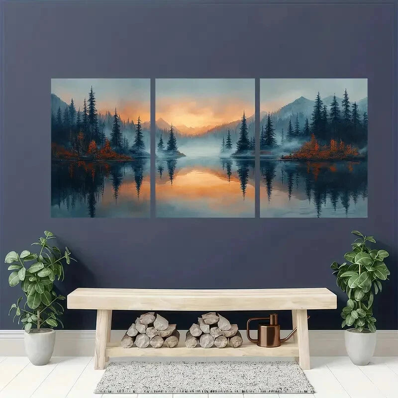 3pcs Misty Forest Reflection Landscape Tranquil Metal Print Ready to Hang Art - Bella Home Decor