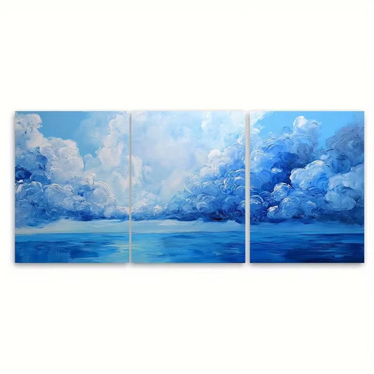 3pcs Blue Seascape Abstract Metal Print Ready to Hang Art - Bella Home Decor