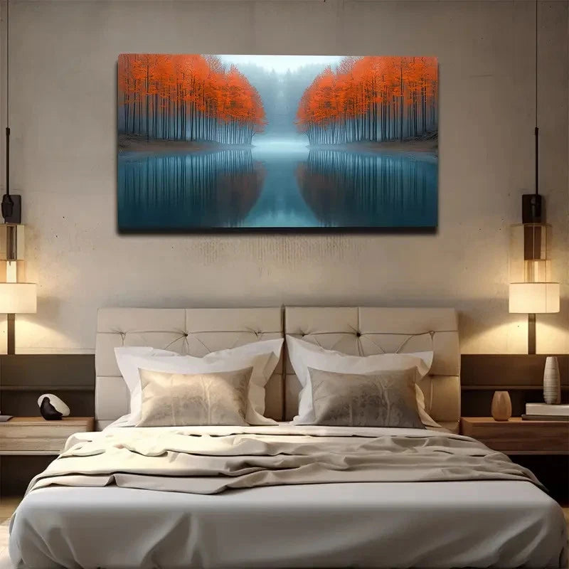 Calm Lake Reflecting Maple Wall Art canvas office home room framed 120x60cm