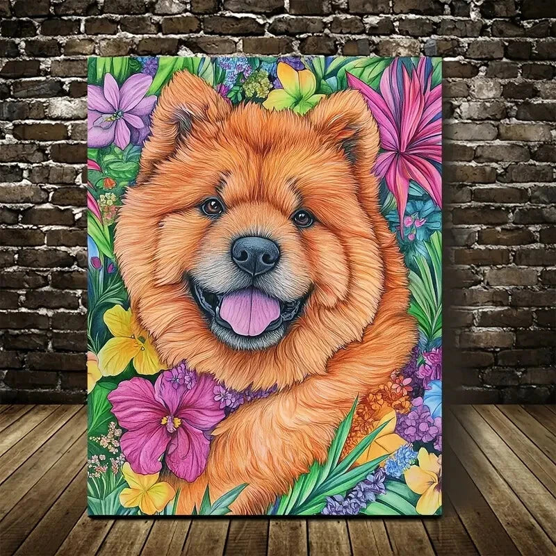 Vibrant Chow Chow Dog with Colorful Flowers Painting 40x60cm Metal Print Ready to Hang - Bella Home Decor