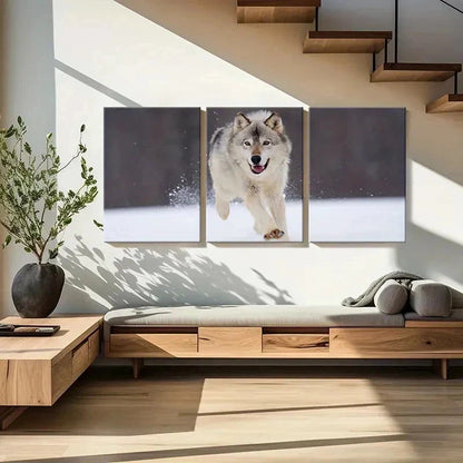 3pcs Wolf Running On The Snow Painting Wall Art Set Canvas Framed 50x70cm - High Quality Print 100% Australian Made Wall Canvas Ready to Hang