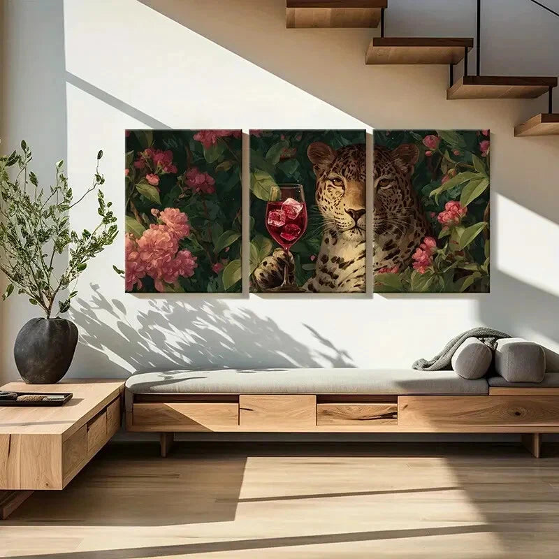 3pcs Leopard with Wine Glass Floral Surroundings Metal Print Ready to Hang Art - Bella Home Decor