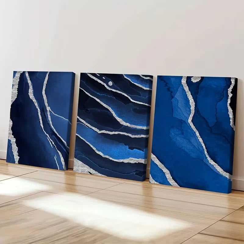 3pcs Navy Blue and Silvery Paintings  Wall Art Set Canvas Framed 40x60cm - High Quality Print 100% Australian Made Wall Canvas Ready to Hang