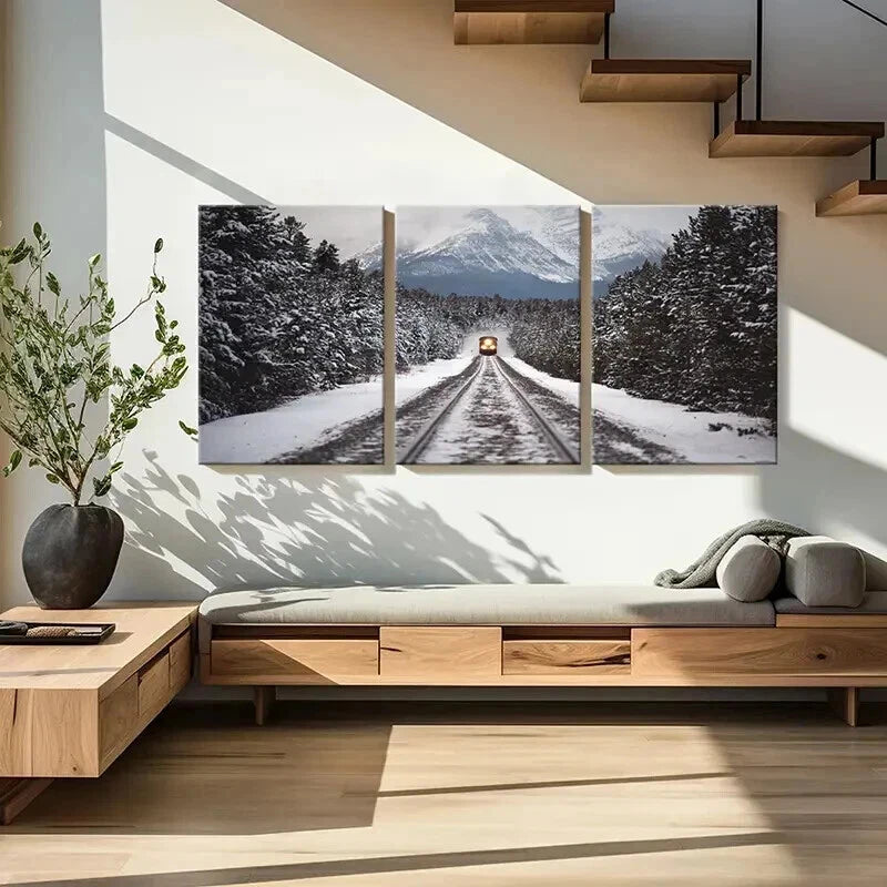 3pcs Snow Scene Steam Train Modern Vehicle Wall Art Set Canvas Framed 50x70cm - High Quality Print 100% Australian Made Wall Canvas Ready to Hang - Bella Home Decor