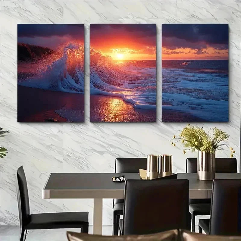 3pcs Sunset Over Crashing Waves Wall Art Set Canvas Framed 60x90cm - High Quality Print 100% Australian Made Wall Canvas Ready to Hang - Bella Home Decor