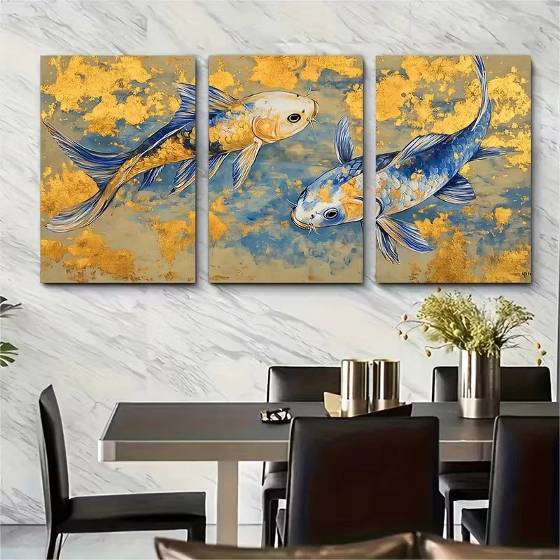 3pcs ,Blue And Golden Koi Fish Painting Metal Print Ready to Hang Art - Bella Home Decor