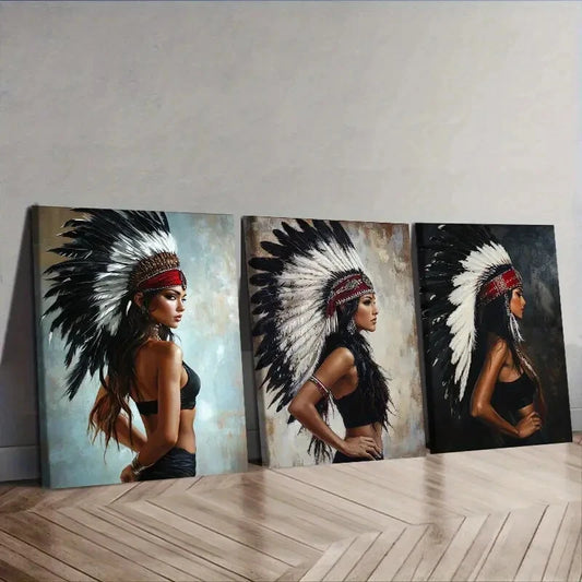 3pcs Indian girls wear feathered headdresses Wall Art Set Canvas Framed 40x60cm - High Quality Print 100% Australian Made Wall Canvas Ready to Hang
