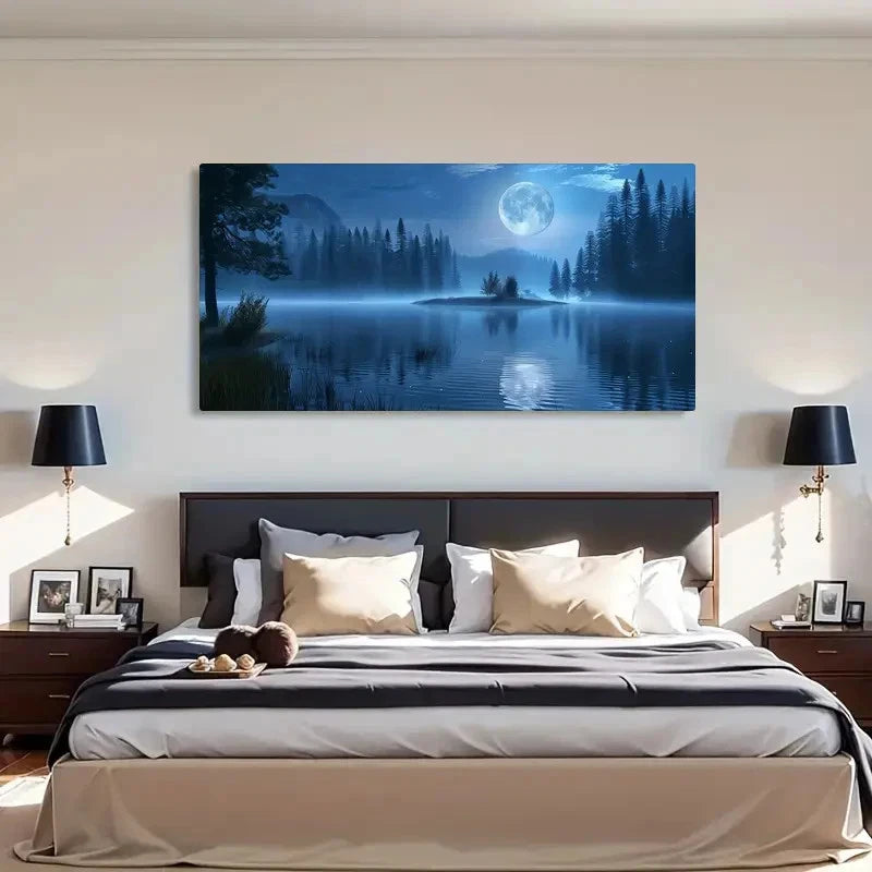 Moonlit Lake & Starry Night Wall Art Canvas Office Home Room Framed 120x60cm - Bella Home Decor