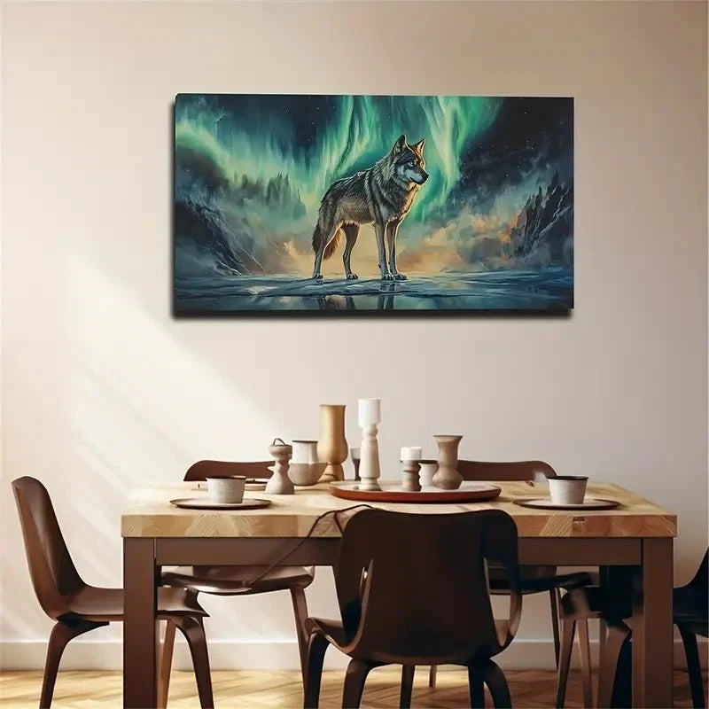 Aurora Borealis Wolf Northern Wall Art Canvas Office Home Room Framed 120x60cm