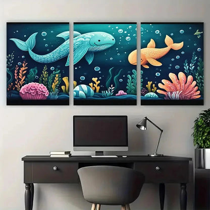 3pcs Under the Sea Nursery Illustration Wall Art Set Canvas Framed 40x60cm - High Quality Print 100% Australian Made Wall Canvas Ready to Hang