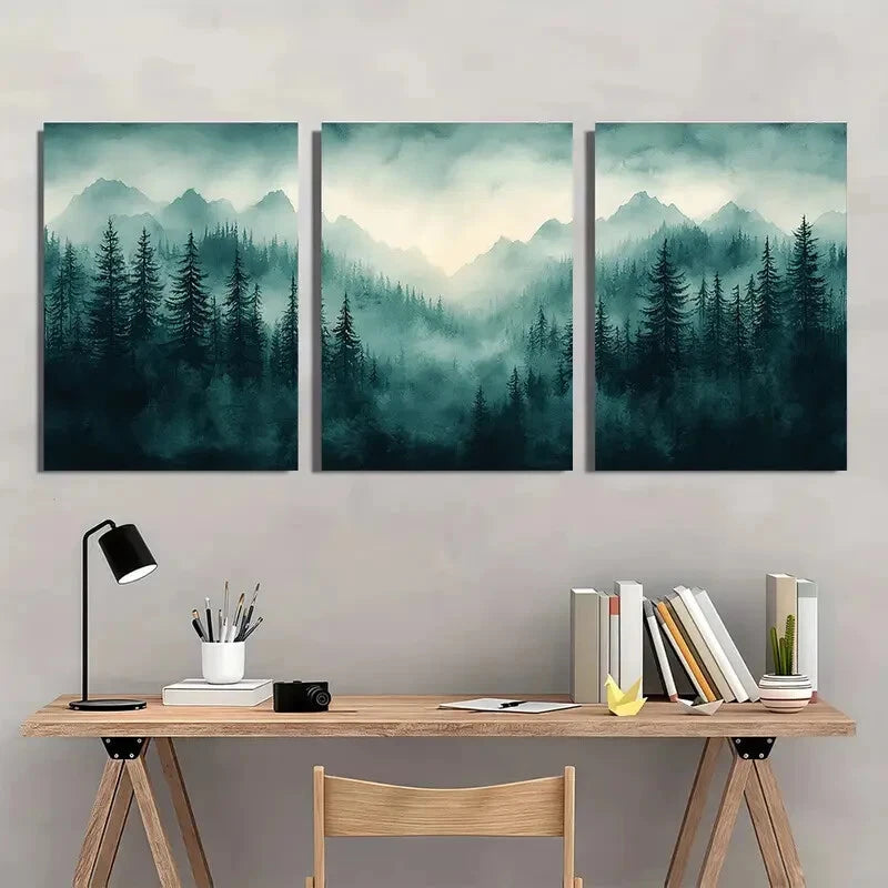 3pcs Misty Evergreen Landscape Art Metal Print Ready to Hang Art - Bella Home Decor