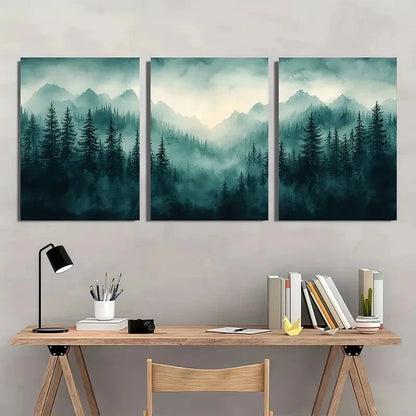 3pcs Misty Evergreen Landscape Art Metal Print Ready to Hang Art - Bella Home Decor