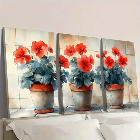 3pcs Watercolor Art Print Red Flowers IU Wall Art Set Canvas Unframed - High Quality Print 100% Australian Made Wall Canvas - Bella Home Decor