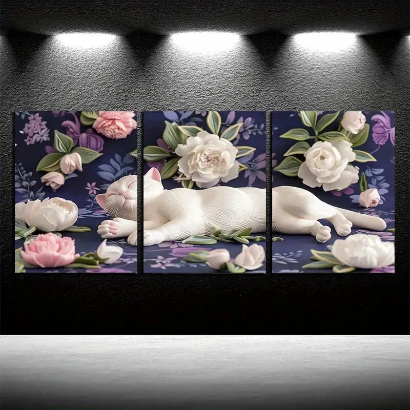 3pcs Vibrant Cat with Florals Design Metal Print Ready to Hang Art - Bella Home Decor