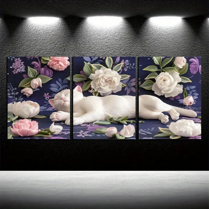 3pcs Vibrant Cat with Florals Design Metal Print Ready to Hang Art - Bella Home Decor