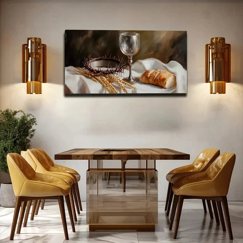 Communion Cup & Cross Design Wall Art Canvas Office Home Room Framed 120x60cm