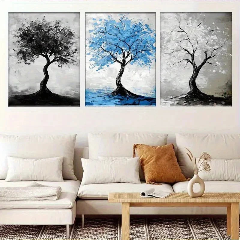 3pcs Modern Abstract Tree Black Blue & Gray Metal Print Ready to Hang Art