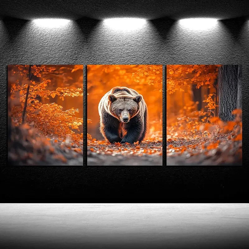 3pcs Bear in Fallen Leaves Autumn Scene Metal Print Ready to Hang Art - Bella Home Decor