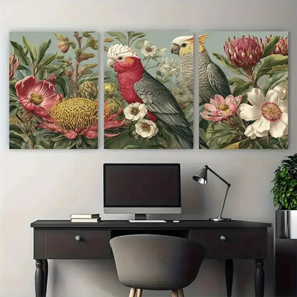 3pcs Melbourne Travel Botanical and Bird Design Wall Art Set Canvas Framed 50x70cm - High Quality Print 100% Australian Made Wall Canvas Ready to Hang
