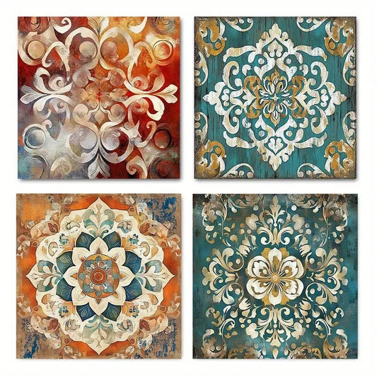 4pcs Vintage Flowers Pattern  Wall Art Canvas Framed