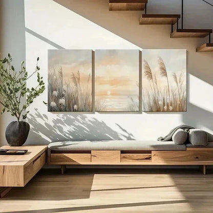 3pcs Sunset & Reeds Modern Landscape Wall Art Set Canvas Unframed - High Quality Print 100% Australian Made Wall Canvas