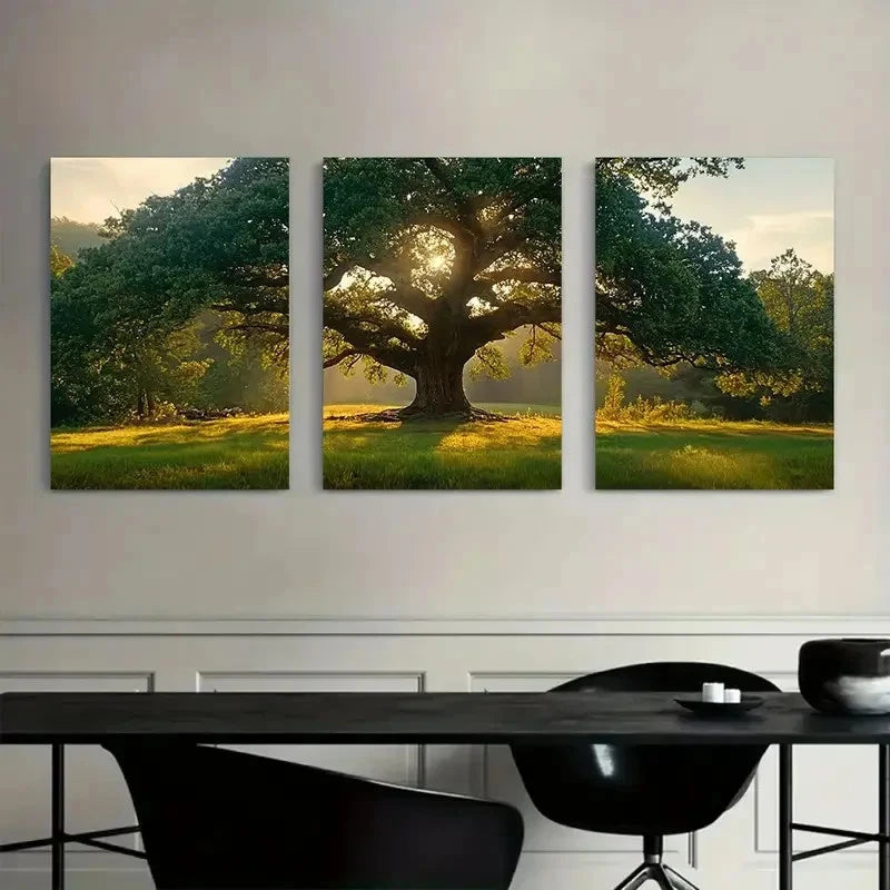 3pcs Oak Tree in Open Meadow Triptych Nature Scene Metal Print Ready to Hang Art - Bella Home Decor