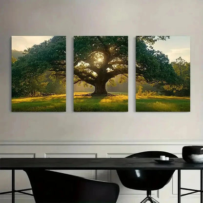 3pcs Oak Tree in Open Meadow Triptych Nature Scene Metal Print Ready to Hang Art - Bella Home Decor