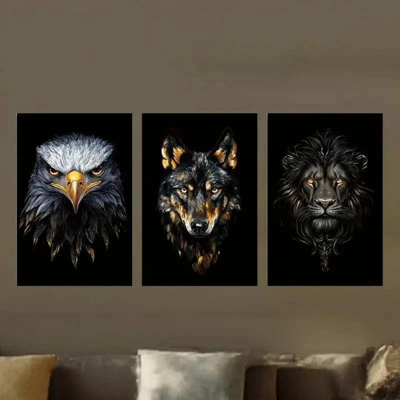 3pcs Majestic Golden Animal Eagle Wolf Lion Metal Print Ready to Hang Art