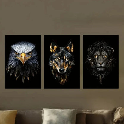 3pcs Majestic Golden Animal Eagle Wolf Lion Metal Print Ready to Hang Art