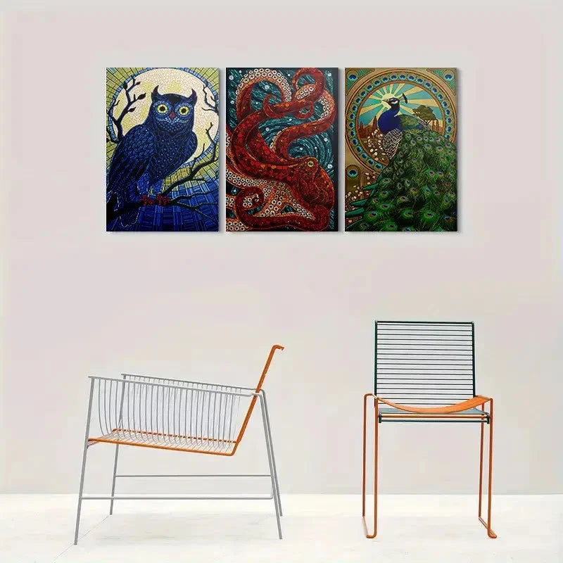 3pcs Whimsical Vibrant Animal Owl Serpent Peacock Metal Print Ready to Hang Art