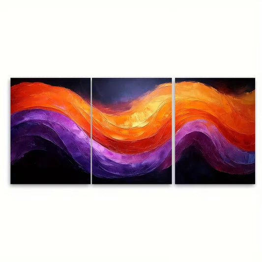3pcs Abstract Swirling Orange and Purple Flowing Metal Print Ready to Hang Art