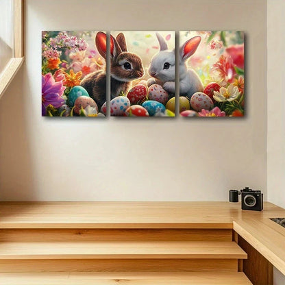 3pcs Colourful Rabbits Eggs Painting Metal Print Ready to Hang Art - Bella Home Decor