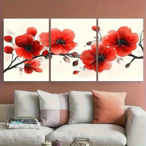 3pcs Elegant Blooming Red Floral Watercolor Wall Art Canvas Unframed – High Quality Print 100% Australian Made Wall Canvas