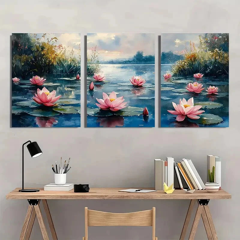 3pcs Water Lily Monet-Inspired Summer Landscape Metal Print Ready to Hang Art - Bella Home Decor