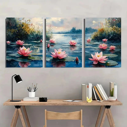 3pcs Water Lily Monet-Inspired Summer Landscape Metal Print Ready to Hang Art - Bella Home Decor