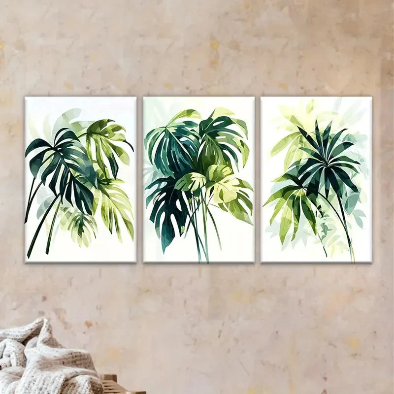 3pcs Three green plants on a white Wall Art Set Canvas Framed 50x70cm - High Quality Print 100% Australian Made Wall Canvas Ready to Hang - Bella Home Decor