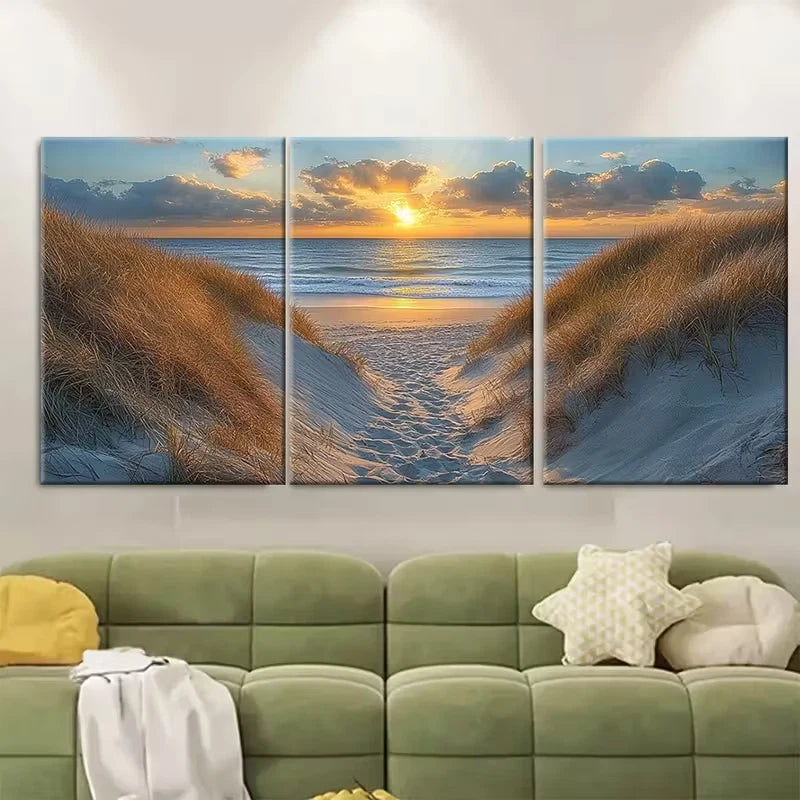 3pcs Sandy Beach Grassy Dunes Metal Print Ready to Hang Art