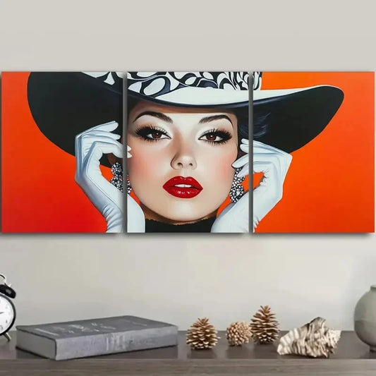 3pcs Fashionable Woman in Black Hat Metal Print Ready to Hang Art