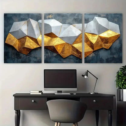 3pcs Modern Geometric White Golden Design Metal Print Ready to Hang Art - Bella Home Decor