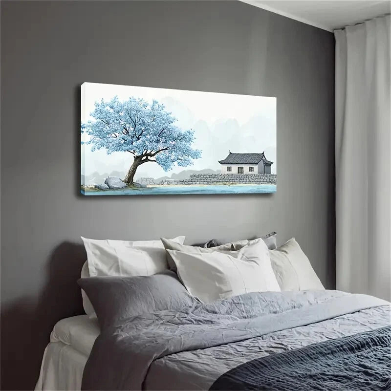 Traditional Chinese House Blue Wall Art Canvas Office Home Room Framed 120x60cm - Bella Home Decor