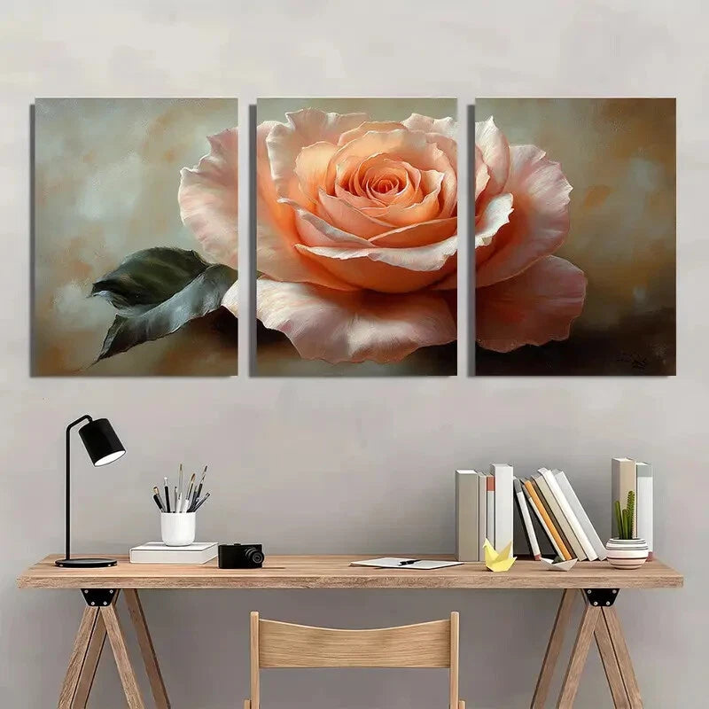 3pcs Peach Rose Flower Art Rose Painting Print Metal Print Ready to Hang Art - Bella Home Decor