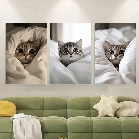 3pcs Peeking Cats in Cozy Blankets CC Wall Art Canvas Framed 40x60cm - High Quality Print 100% Australian Made Wall Canvas Ready to Hang