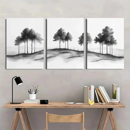 3pcs Vintage Black and White Tree Landscape Metal Print Ready to Hang Art - Bella Home Decor