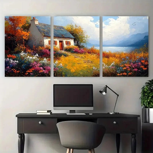 3pcs Vibrant Countryside Irish Cottage Landscape Metal Print Ready to Hang Art