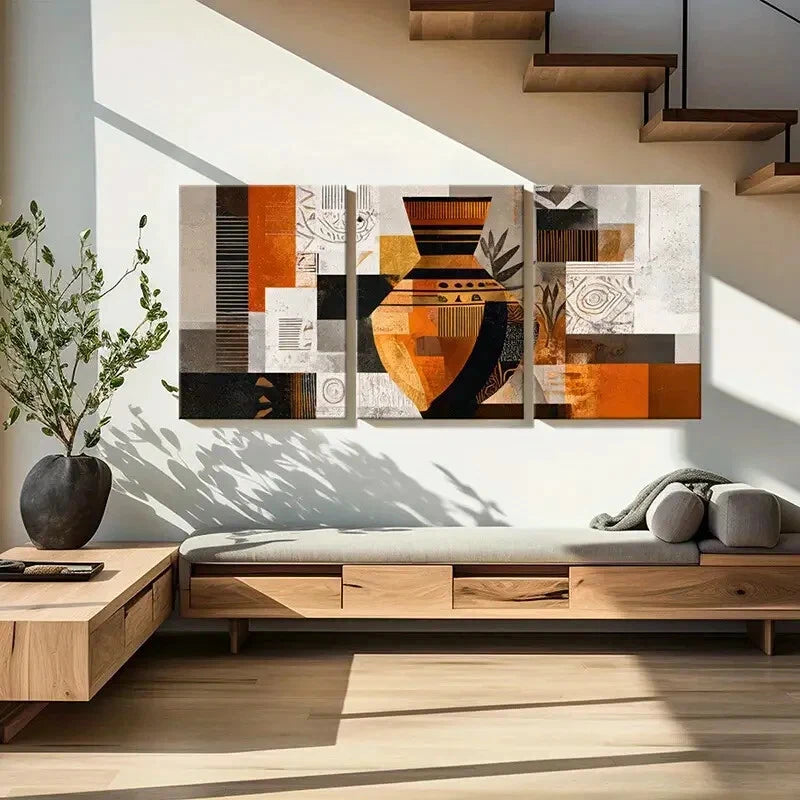 3pcs Abstract Geometric Art Warm Tones Metal Print Ready to Hang Art - Bella Home Decor